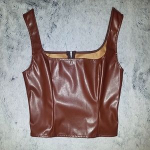 Square Neckline Corset Top In Brown PU Leather